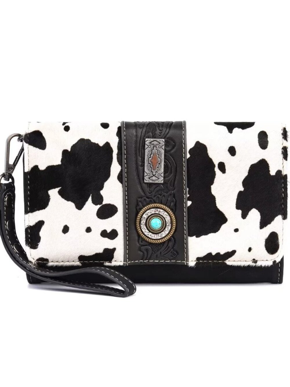 Cowhide Vintage Floral Tooled Leather Turquoise Concho Crossbody Wallet-Purse - Picture 3 of 5